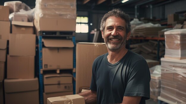 Portrait d'un homme mûr souriant dans un entrepôt