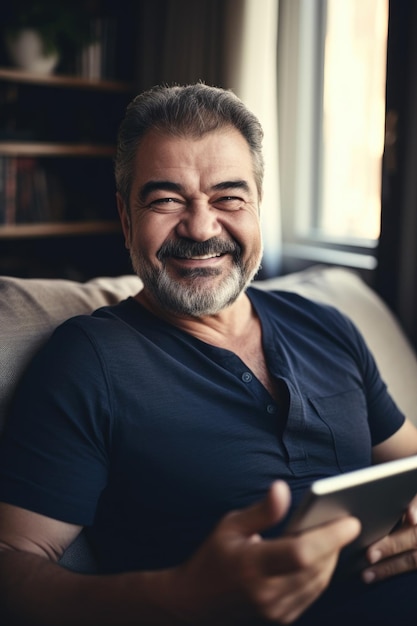 Portrait d'un homme mûr souriant utilisant une tablette numérique sur son canapé à la maison