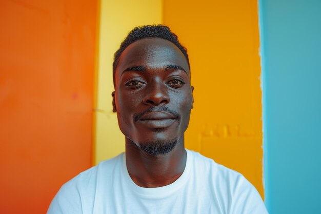 Portrait d'un homme noir africain en T-shirt blanc sur un fond à rayures brillantes