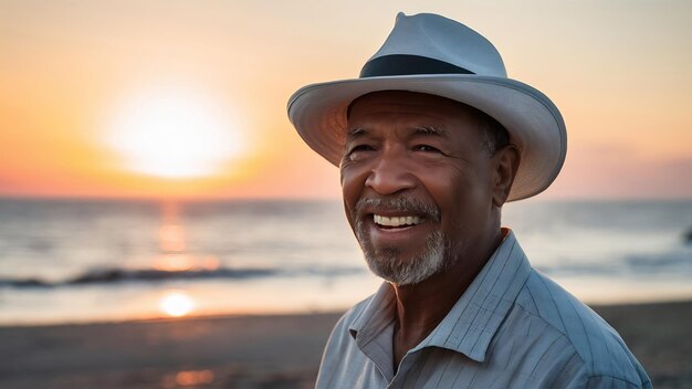 Portrait d'un homme noir brésilien âgé avec un chapeau blanc regardant un endroit au coucher du soleil et souriant