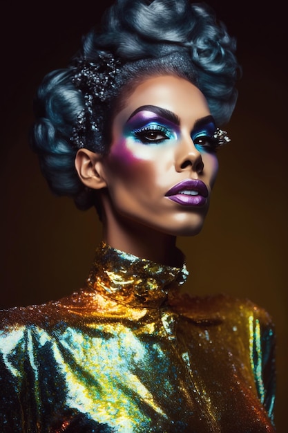 Portrait d'un homme noir dans un style drag queen avec du maquillage dans une robe de femme Generative AI