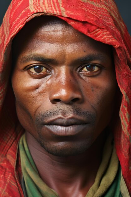 Portrait d'un homme noir avec un foulard rouge sur la tête