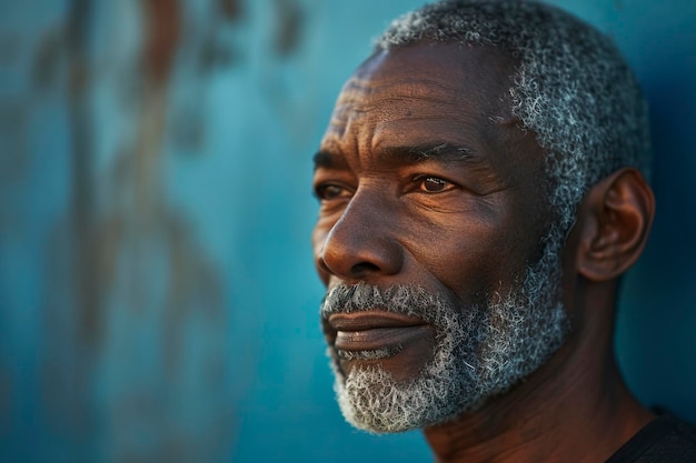 Portrait d'un homme noir mûr regardant à gauche sur un fond bleu