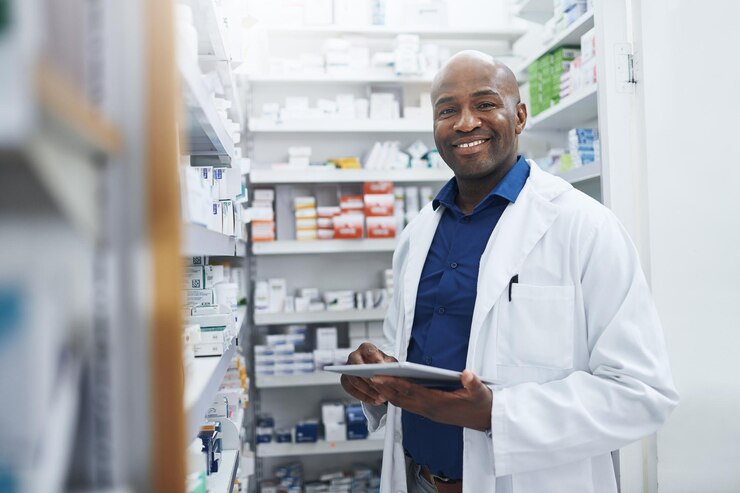 Photo portrait d'homme noir et pharmacien avec tablette dans la clinique de stock de médicaments lecture et vérification des informations sur l'étiquette sourire personne masculine et numérique pour l'inspection et la distribution de l'inventaire médical