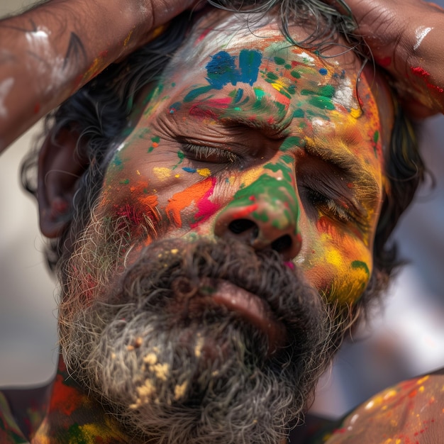 Portrait d'un homme avec la peinture du visage célébrant Holi