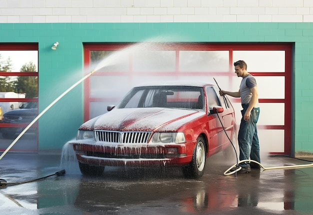 Photo portrait d'un homme, de personnes, d'une famille, d'enfants, de enfants en train de laver, de nettoyer une voiture.