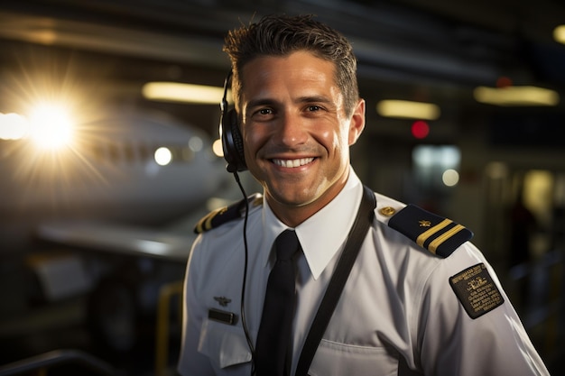 un portrait d'homme pilote avec fond de photo d'occupation de pilote d'avion