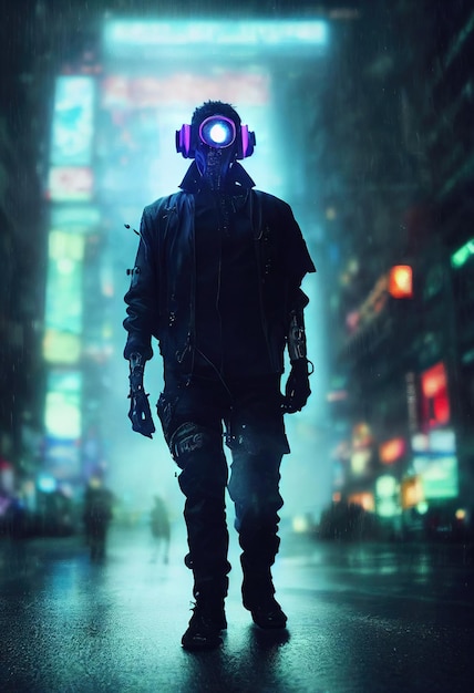 Portrait d'un homme portant un casque cyberpunk et un équipement cyberpunk. Un homme futuriste du futur.