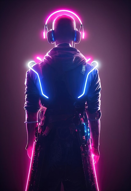 Portrait d'un homme portant un casque cyberpunk, des lunettes virtuelles néon et un équipement cyberpunk