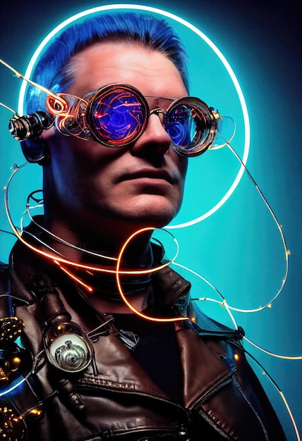 Portrait d'un homme portant un casque cyberpunk, des lunettes virtuelles néon et un équipement cyberpunk