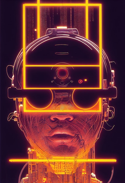 Photo portrait d'un homme portant un casque cyberpunk, des lunettes virtuelles néon et un équipement cyberpunk