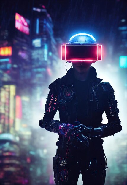 Photo portrait d'un homme portant un casque cyberpunk, des lunettes virtuelles néon et un équipement cyberpunk