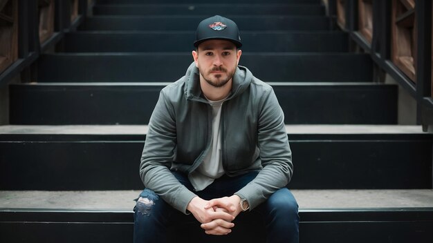 Photo portrait d'un homme portant une casquette assis