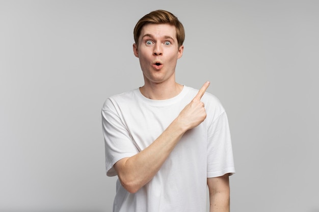 Portrait d'un homme portant un t-shirt blanc debout avec la bouche ouverte de surprise