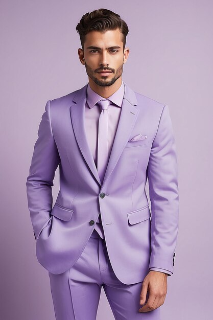 Portrait d'un homme portant des vêtements de mode de couleur lavande pour la couleur de l'année