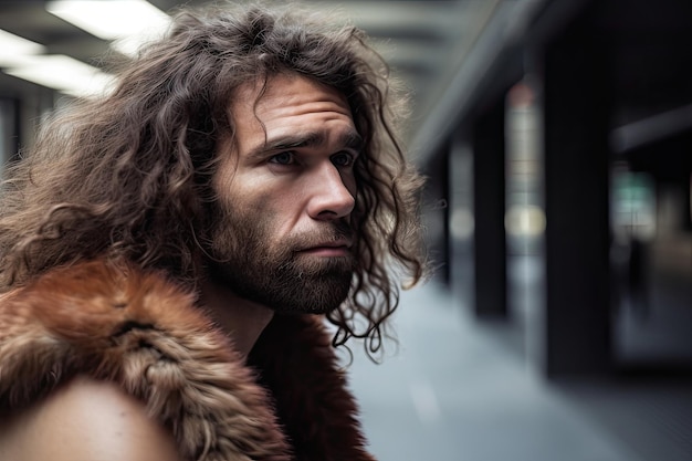 Portrait d'un homme préhistorique dans la rue de la ville à l'heure actuelle Generative AI