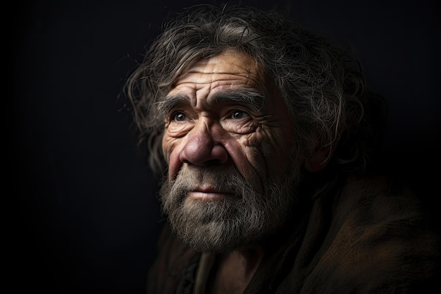 Photo portrait d'homme préhistorique sur fond sombre ia générative