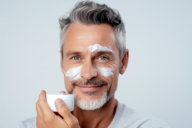 Portrait d'un homme de quarante ans avec une crème hydratante blanche appliquée sur son visage Cosmétiques pour hommes