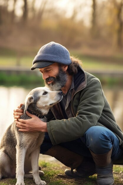 Portrait d'un homme qui s'occupe de son chien à l'extérieur créé avec l'IA générative