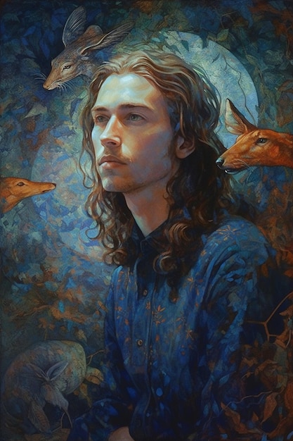 Un portrait d'un homme avec un renard et une robe bleue.