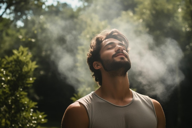 Photo portrait d'un homme respirant de l'air frais dans la nature