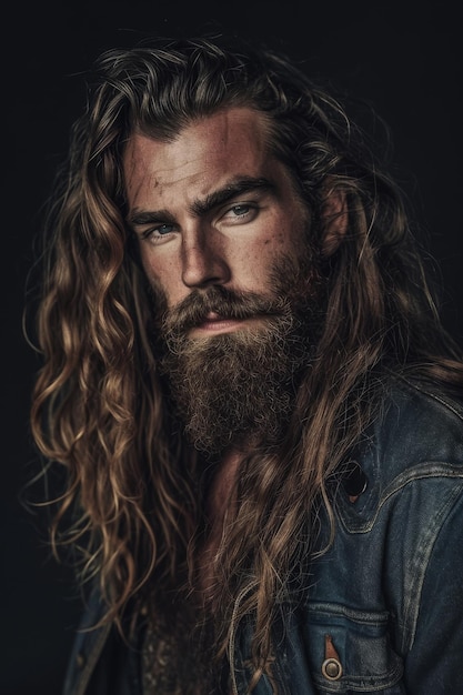 Portrait d'un homme robuste aux cheveux longs et à la barbe