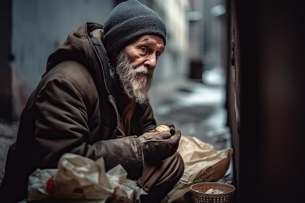 Photo portrait d'homme sans-abri homme barbu âgé generative ai