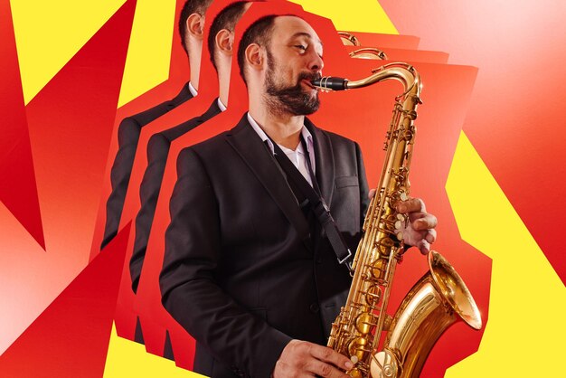 Photo portrait d'homme saxophoniste musicien professionnel en costume classique joue de la musique jazz au saxophone en studio photo, collage d'art