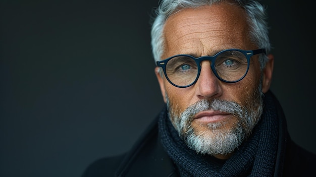 Portrait d'un homme sophistiqué dans des lunettes élégantes reflétant un comportement fort et intellectuel