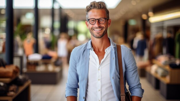 Portrait d'un homme souriant avec des lunettes dans un centre commercial