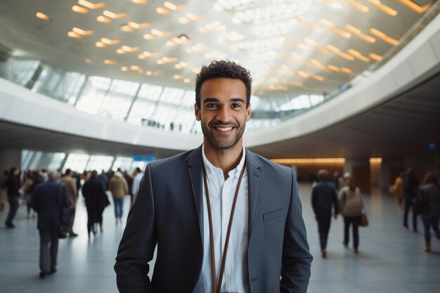 Portrait d'un homme souriant avec la main dans la poche, debout dans une pose élégante et décontractée, générative par Ai