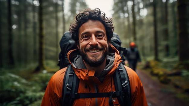 Portrait d'un homme souriant avec un sac à dos dans la forêt
