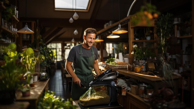 Portrait d'un homme souriant en tablier travaillant dans un magasin de plantes