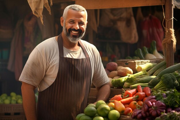 Portrait d'un homme souriant vendant des légumes dans une épicerie généré par IA