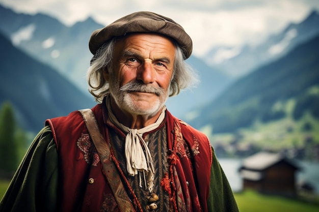 Portrait d'un homme suisse âgé en tenue alpine traditionnelle Ai générative