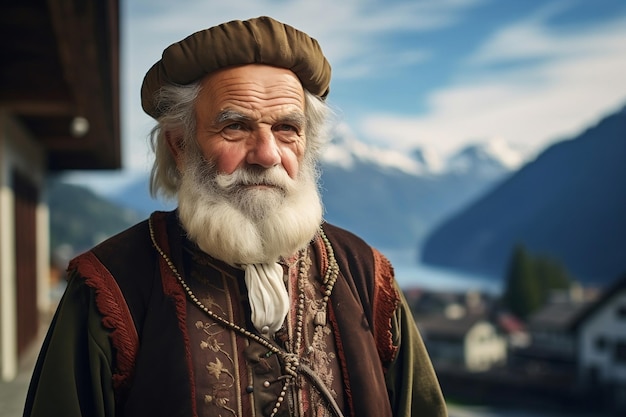 Portrait d'un homme suisse âgé en tenue alpine traditionnelle Ai générative