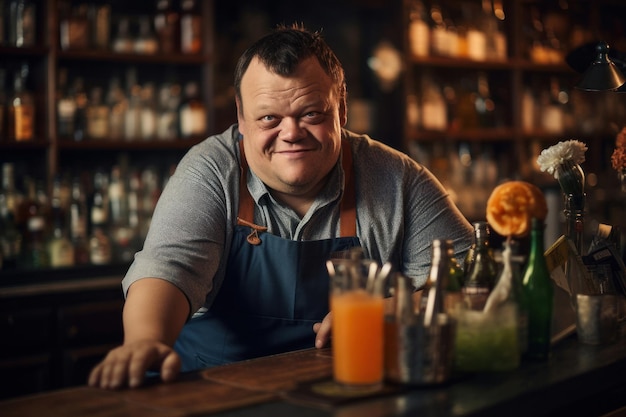 Photo portrait d'un homme avec le syndrome de down qui a réalisé son rêve en devenant barman.