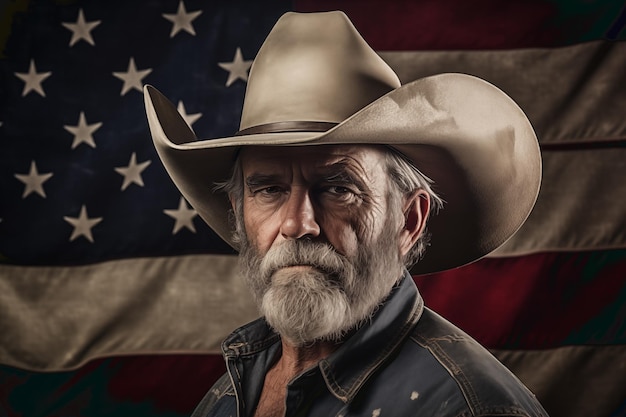 Portrait d'un homme texan avec un chapeau à l'arrière-plan le drapeau américain