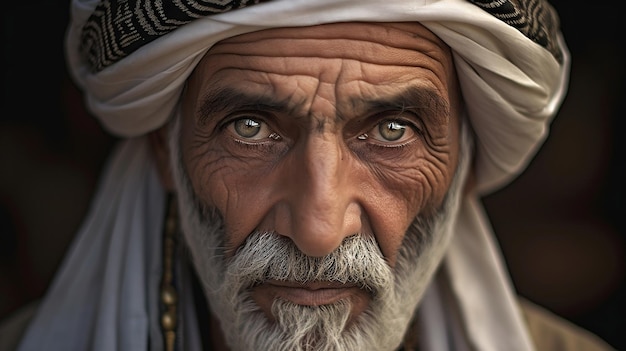 Portrait d'un homme traditionnel émirati portant un kandora regardant avec confiance un vieil homme portant un appareil photo