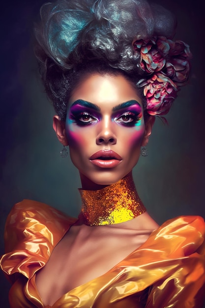 Portrait d'un homme travesti gay dans un style drag queen avec du maquillage en robe de femme Generative AI