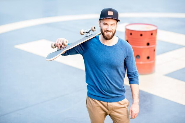 Portrait d'un homme vêtu d'un pull bleu et d'une casquette avec planche à roulettes sur l'aire de jeux sur le toit