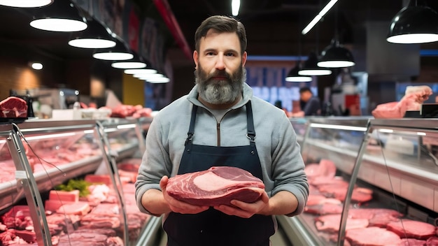 Portrait d'un homme de viande barbu vêtu d'une chemise de toison tenant de la viande fraîchement coupée dans un marché