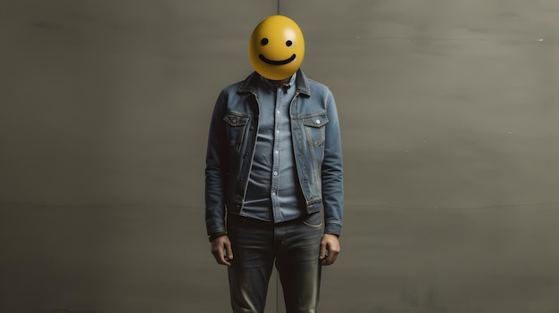 Portrait d'un homme avec un visage souriant sur la tête exprimant le bonheur et la positivité