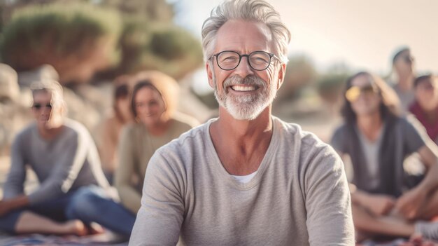 portrait d'hommes mûrs avec des personnes de groupe floues en classe en plein air faisant une retraite de yoga