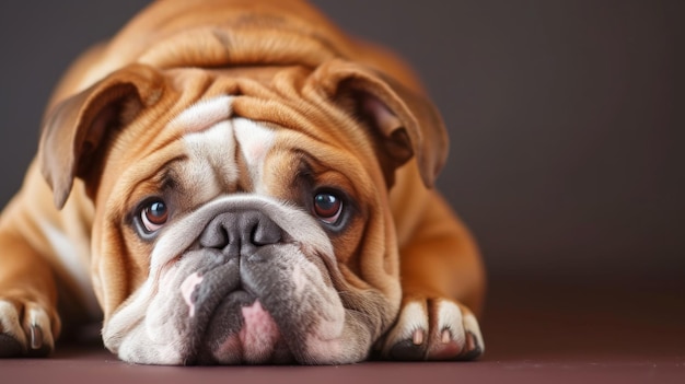 Un portrait humoristique d'un bulldog anglais de race pure fournit un espace de copie suffisant pour le texte créant une image charmante et polyvalente