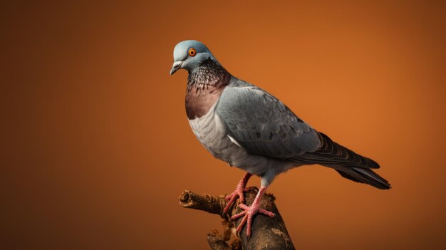 Portrait hyperréaliste d'un pigeon à l'éclairage orange.