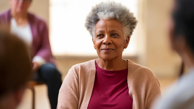 Portrait d'IA générative d'une femme noire âgée assise en cercle dans un groupe de soutien en santé mentale dans une maison de retraite