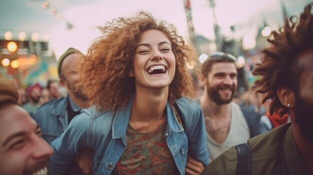 Portrait d'IA générative d'un homme portant une femme extatique sur les épaules au festival de musique