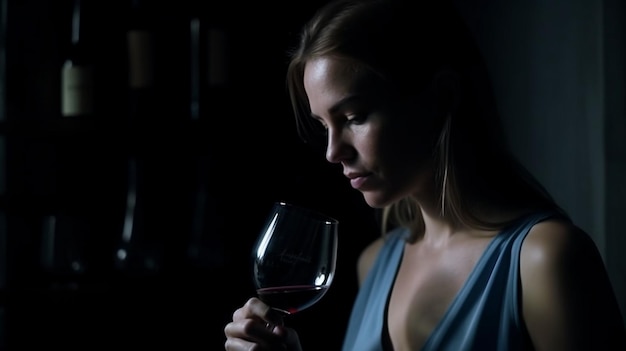 Portrait d'IA générative d'une magnifique jeune femme solitaire buvant dans un verre de vin dans une cuisine sombre