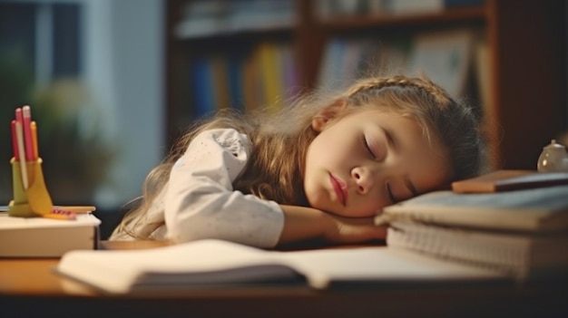 Portrait d'IA générative d'un petit enfant fatigué qui dort à son bureau tout en faisant ses devoirs